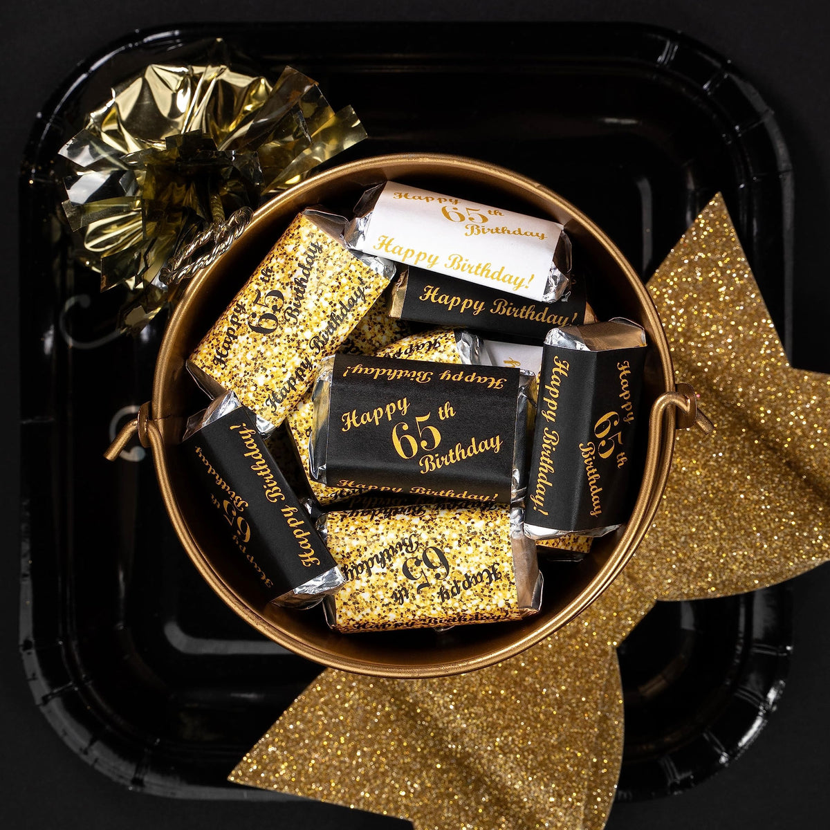 RokAPary 65th Birthday Miniatures Candy Bar Wrapper, (Set of 60) Mini Candy Bar Stickers; 3 Designs: 24 Gold, 24 Black, 12 White, Candy Not Included