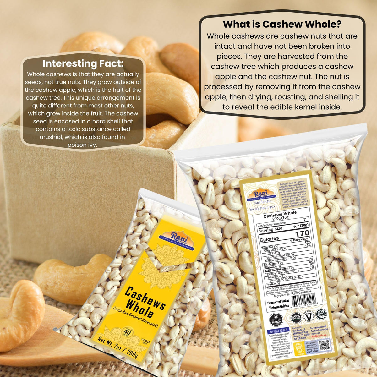 Rani Raw Cashews Whole (uncooked, unsalted) 7oz (200g) ~ All Natural, No Preservatives | Vegan | NON-GMO | Kosher | Gluten Friendly