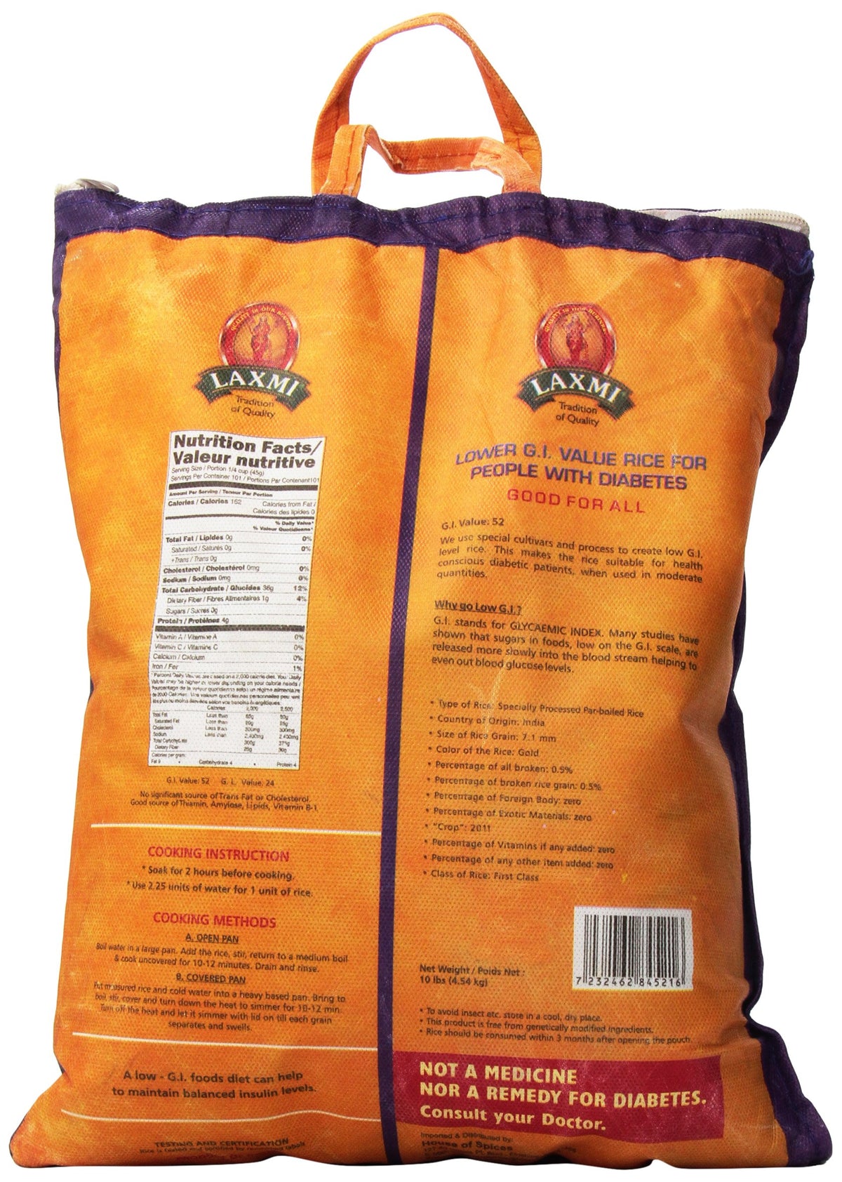 Laxmi Diabetic Friendly Basmati Rice w/Lower G.I. Index Value - 10lb