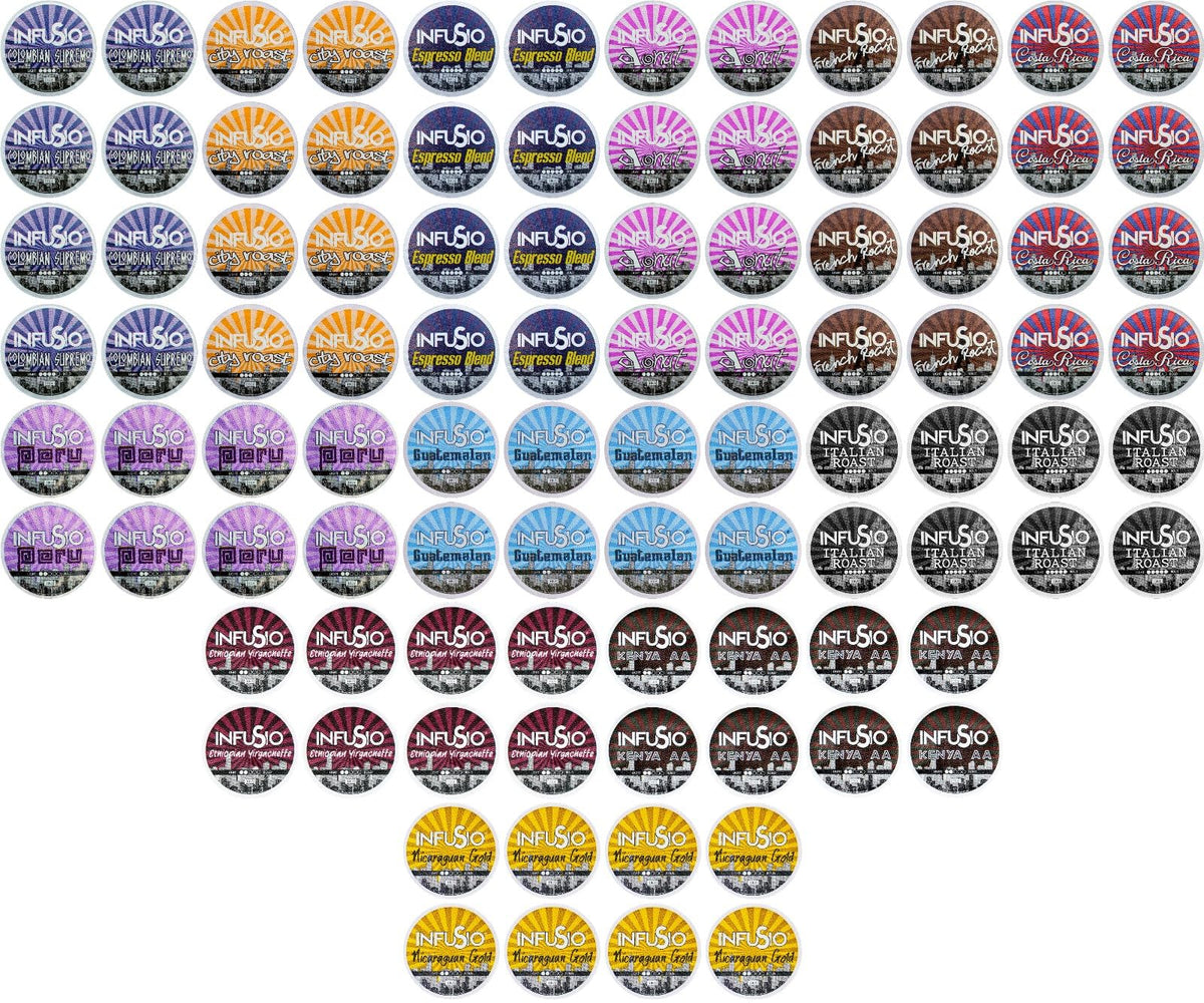 InfuSio Coffee Pods Variety Pack - 96 Count, 12 Sophisticated Medium & Dark Roast Blends, Crafted Blends Collection - Premium Single-Serve Coffee