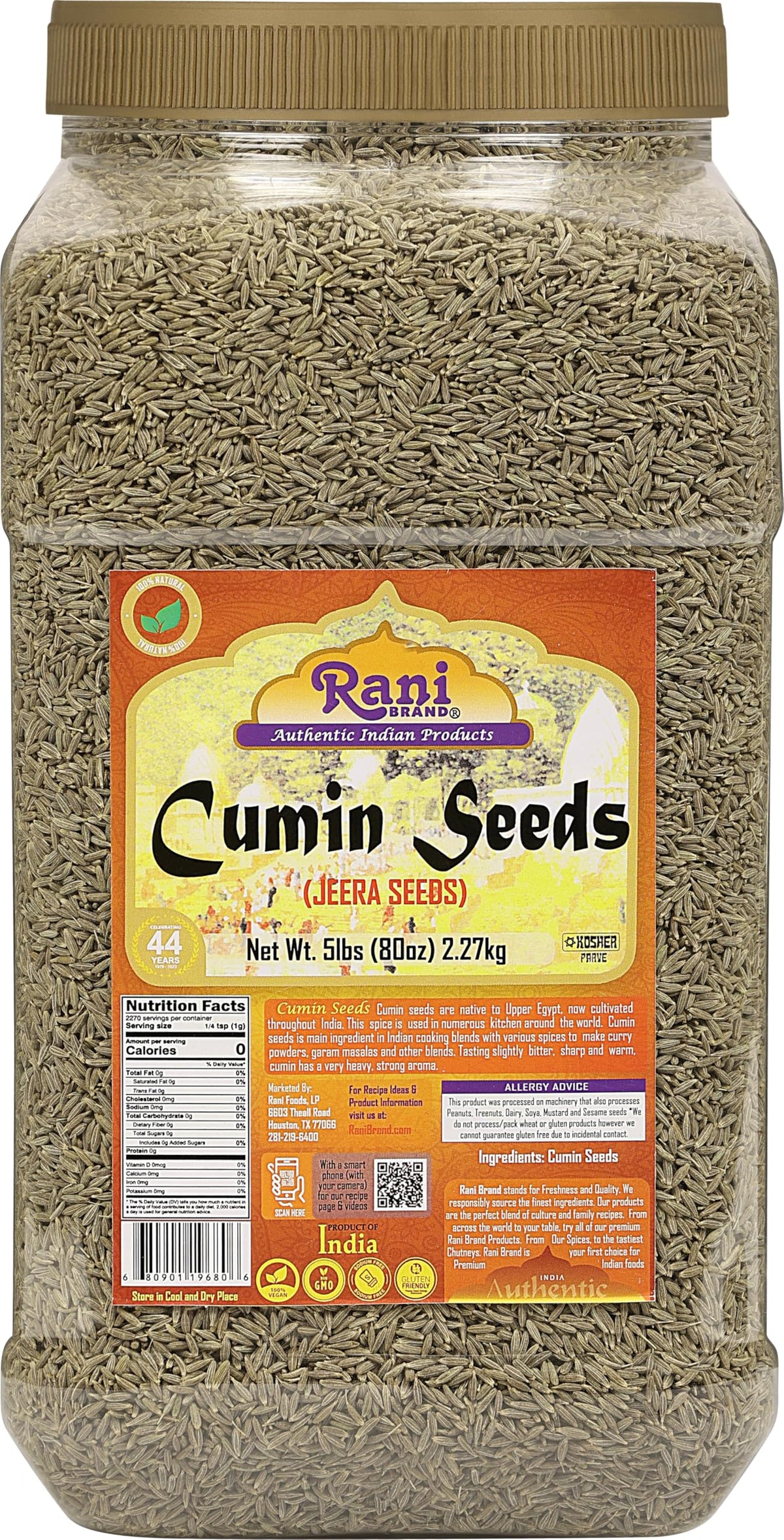 Rani Cumin Seeds Whole (Jeera) Spice 80oz (5lbs) 2.27kg Bulk PET Jar ~ All Natural | Gluten Friendly | NON-GMO | Kosher | Vegan | Indian Origin