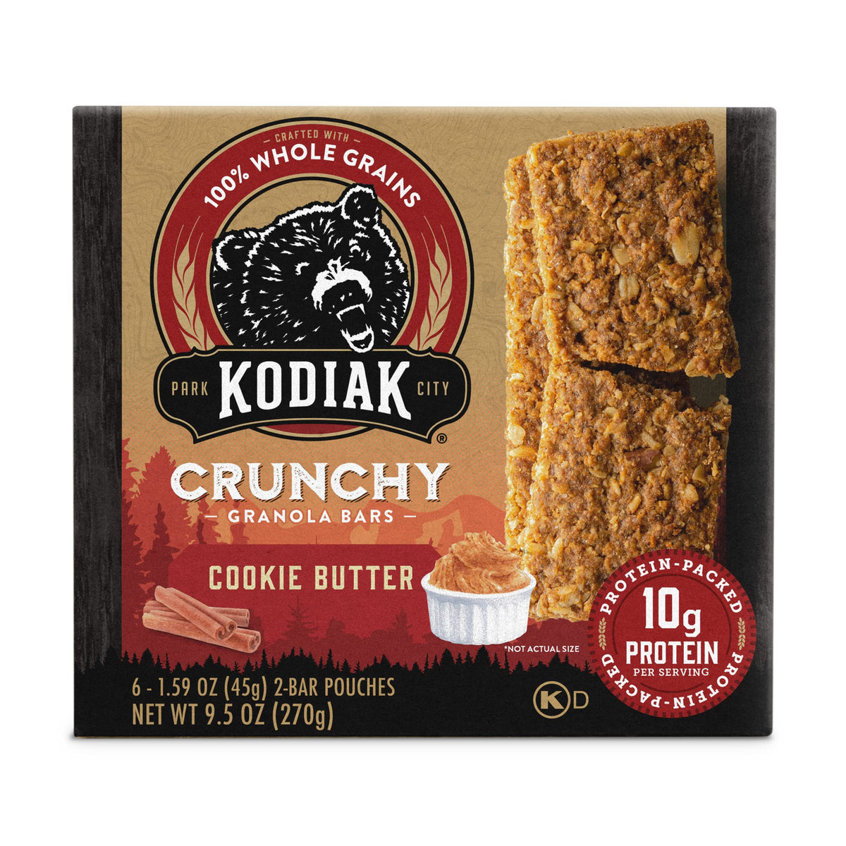Kodiak Cakes Crunchy Granola Snack Bars, Cookie Butter, High Protein, 100% Whole Grains, 1 box with 6 pouches (12 bars)