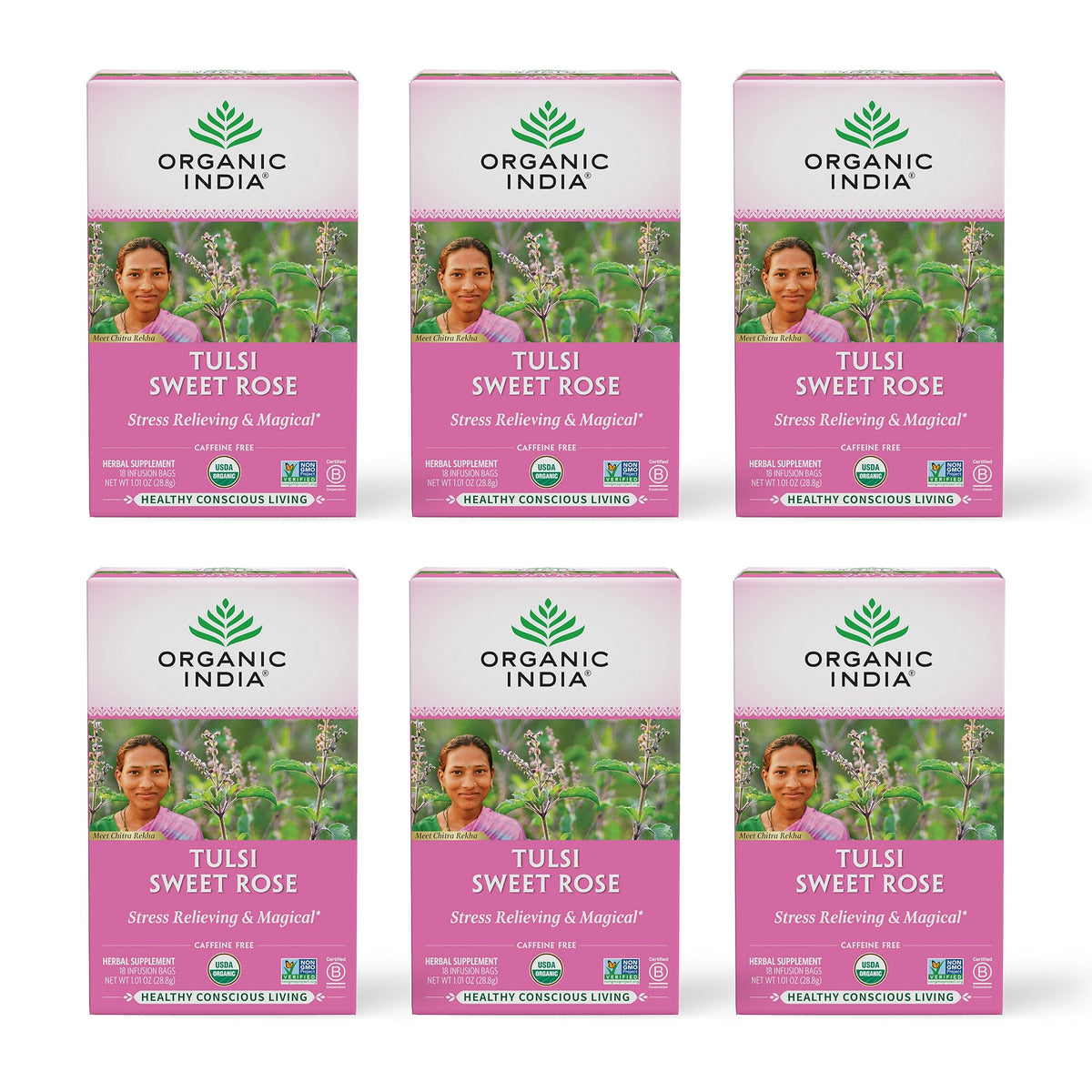 Organic India Tulsi Sweet Rose Herbal Tea - Holy Basil Leaf, African Basil, Chamomilie, Lemon Myrtle, Stress Relieving, Immune Support, USDA Certified