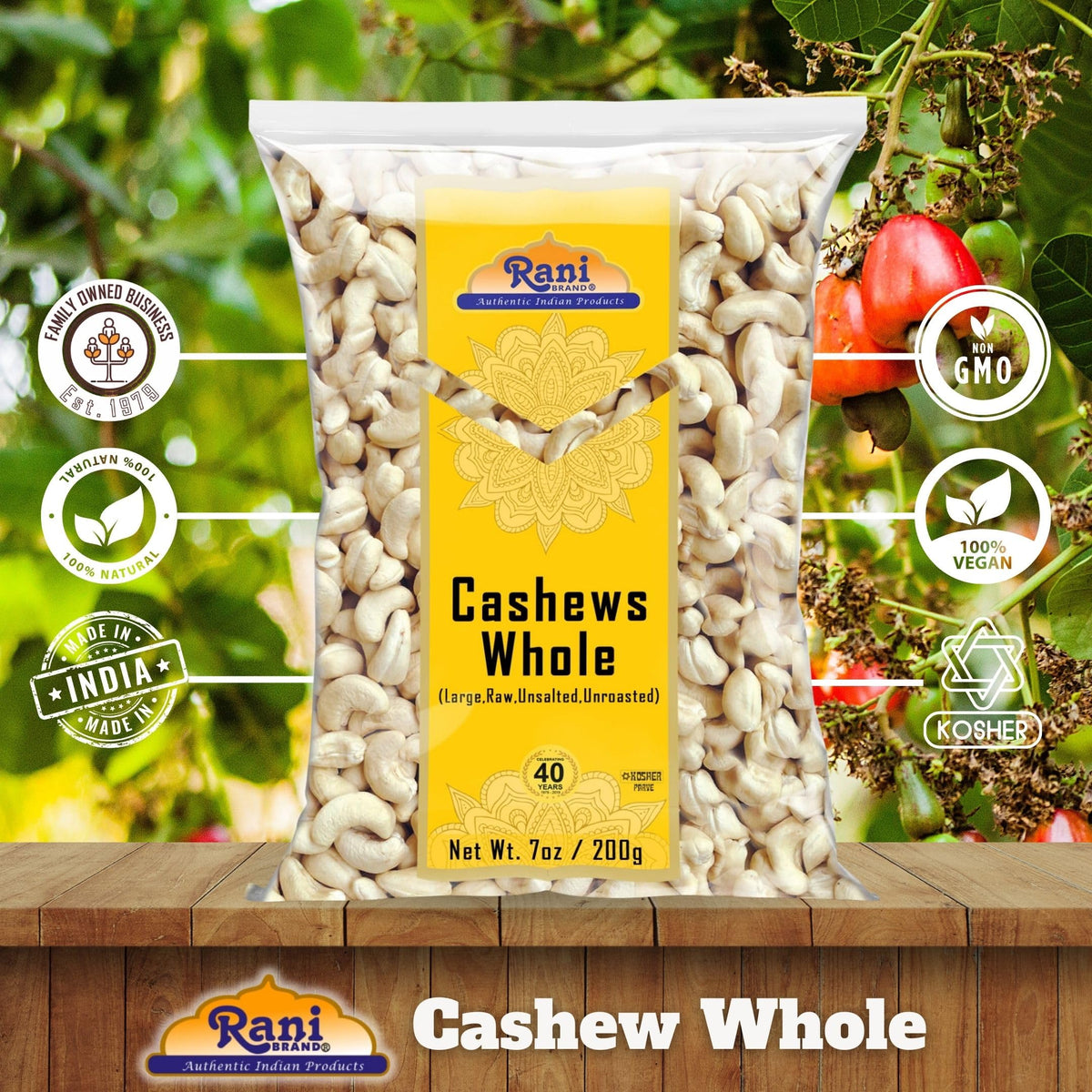 Rani Raw Cashews Whole (uncooked, unsalted) 7oz (200g) ~ All Natural, No Preservatives | Vegan | NON-GMO | Kosher | Gluten Friendly