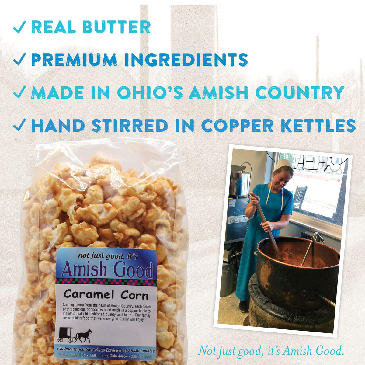 Amish Good 10 oz Caramel Popcorn 2 pack Handmade Gourmet Snack Our Copper Kettle Amish Made Fresh Caramel Flavored Popcorn Perfect For Carmel Corn