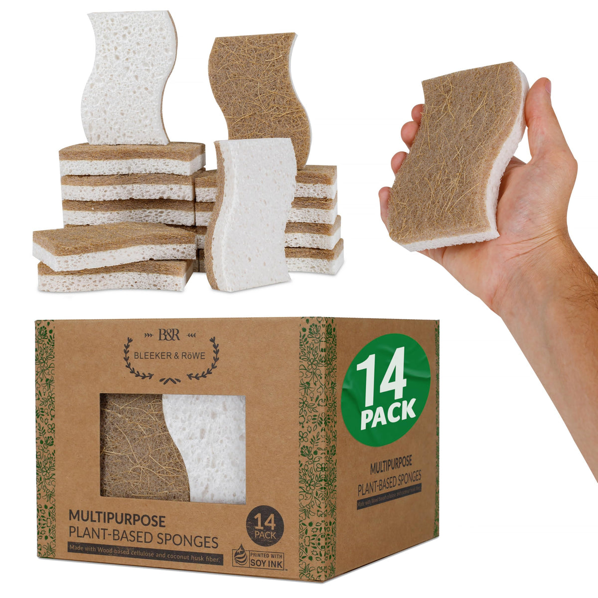 Natural Kitchen Sponge - Biodegradable Compostable Plant Based Coconut Scrubber Sponge - 14pcs