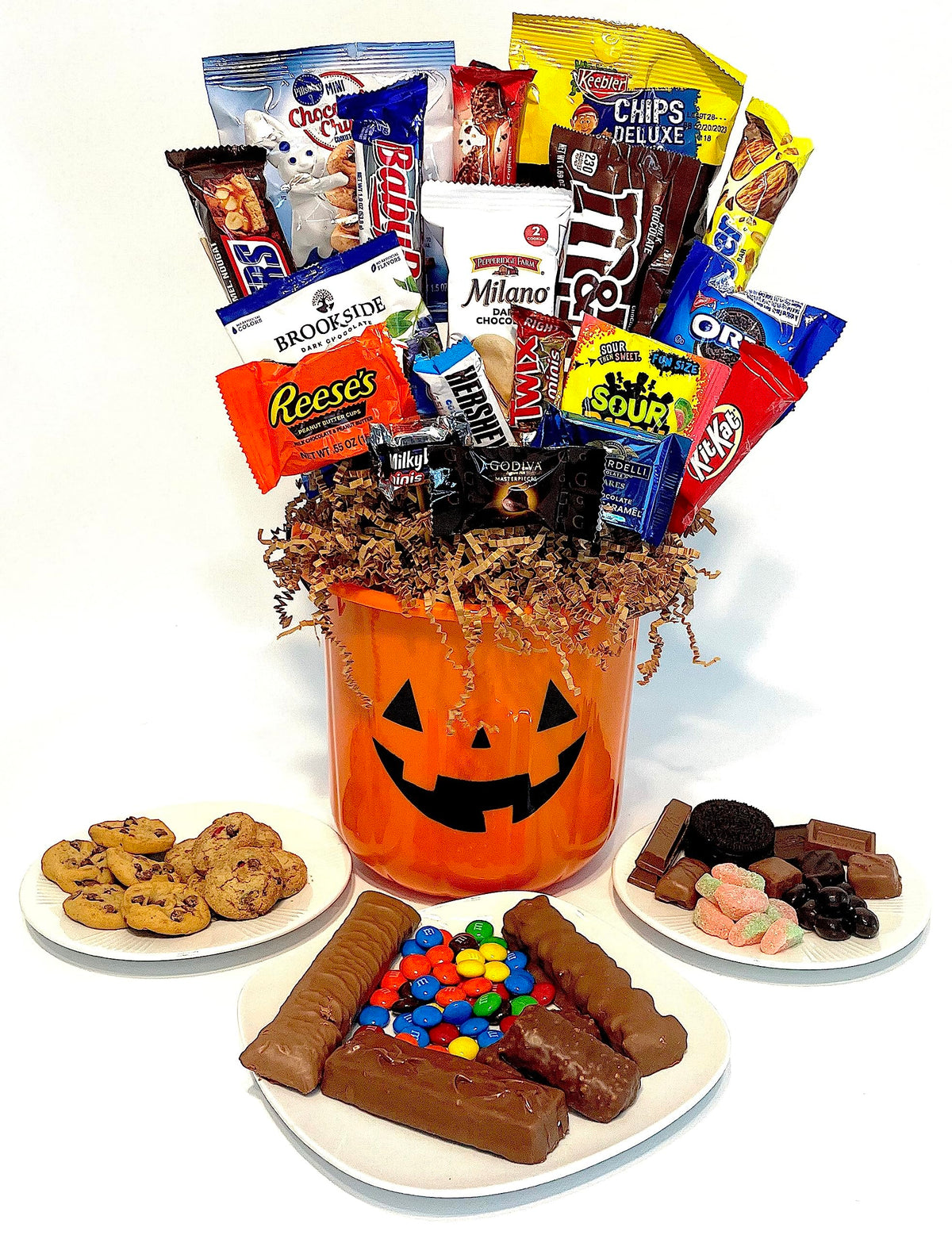 Hand-Designed Halloween Pumpkin Gift Basket with Premium Halloween Candy, Chocolates, and Snacks. Halloween Candy Gift for Kids, Families,