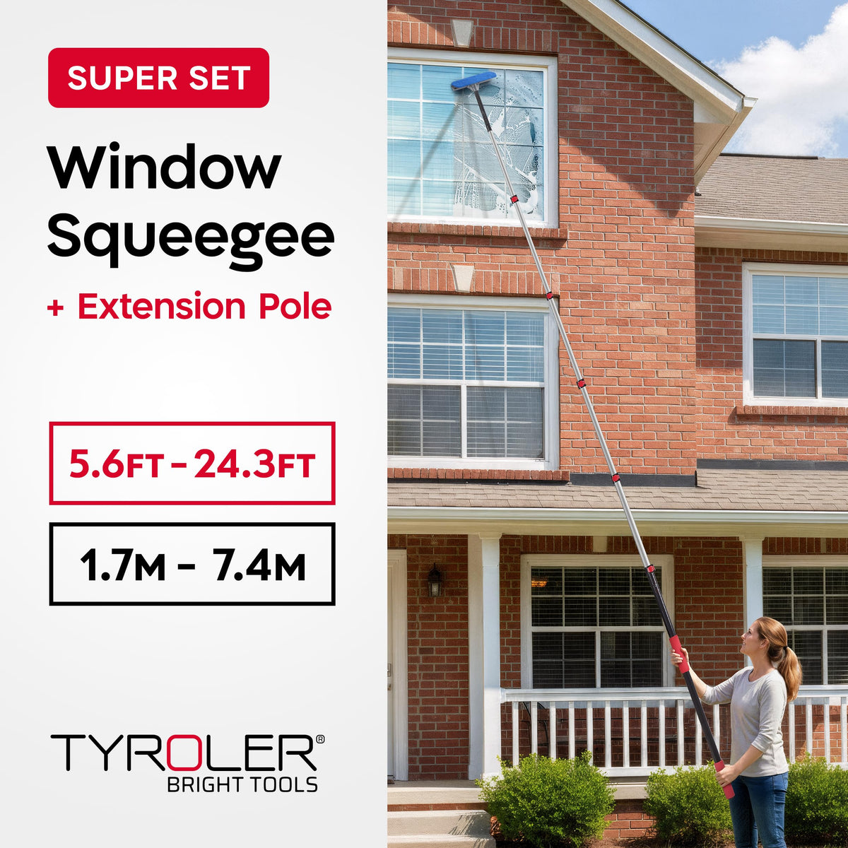 Tyroler Professional Window Squeegee with Extension Pole | Squeegee for Windows Cleaning | Outdoor Window Cleaner Tool, Windows Washing Kit
