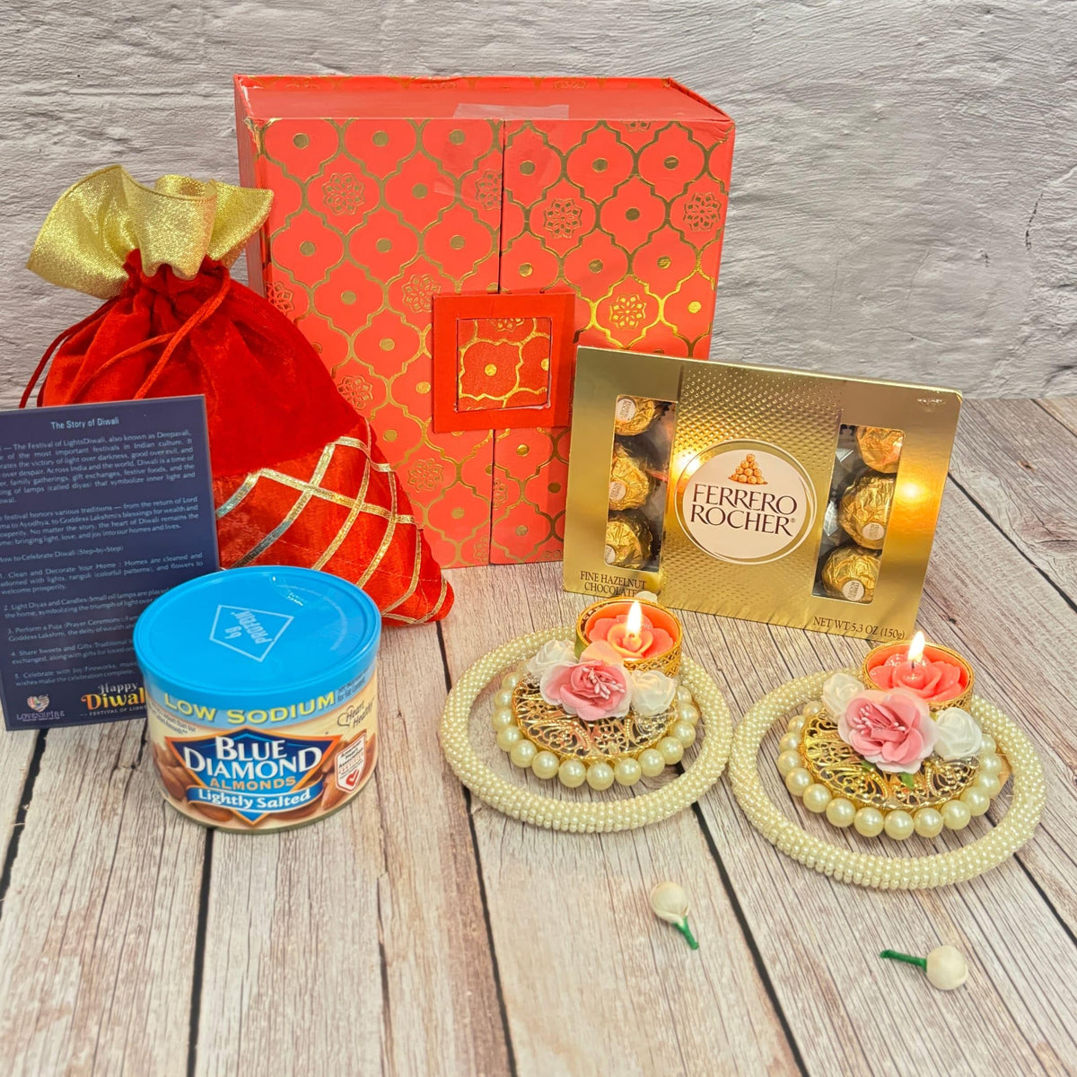 LoveNspire Diwali Gift Hamper Indian Festival Premium Deepawali Return Gift Box with Potli Bag Elephant Statue Pearl Candle Holder Chocolates