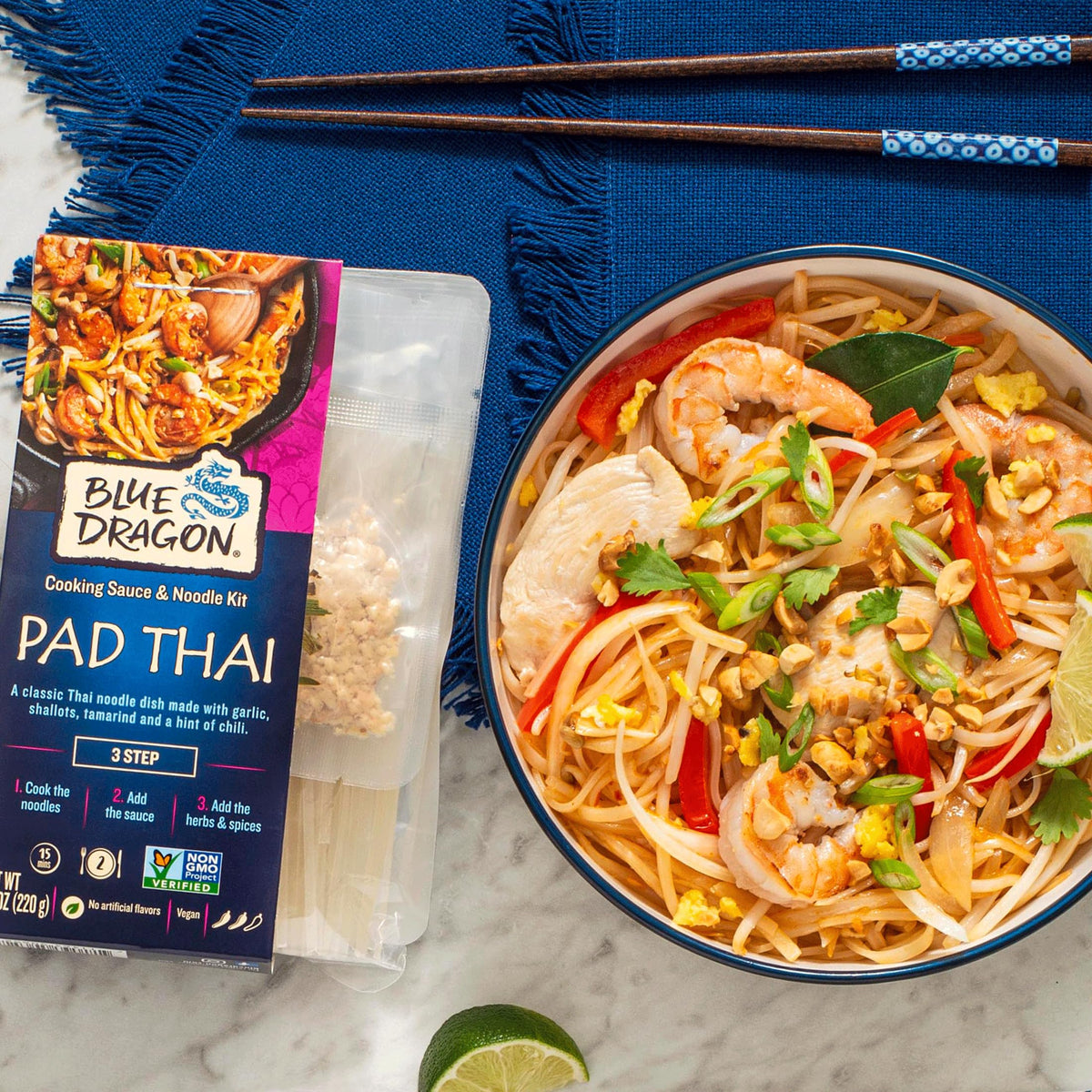 Blue Dragon Pad Thai 3 Step Cooking Sauce & Rice Noodle Kit - 7.7oz (Pack of 1) - Pre-Portioned Sachets of Dried Rice Noodles, Pad Thai Sauce