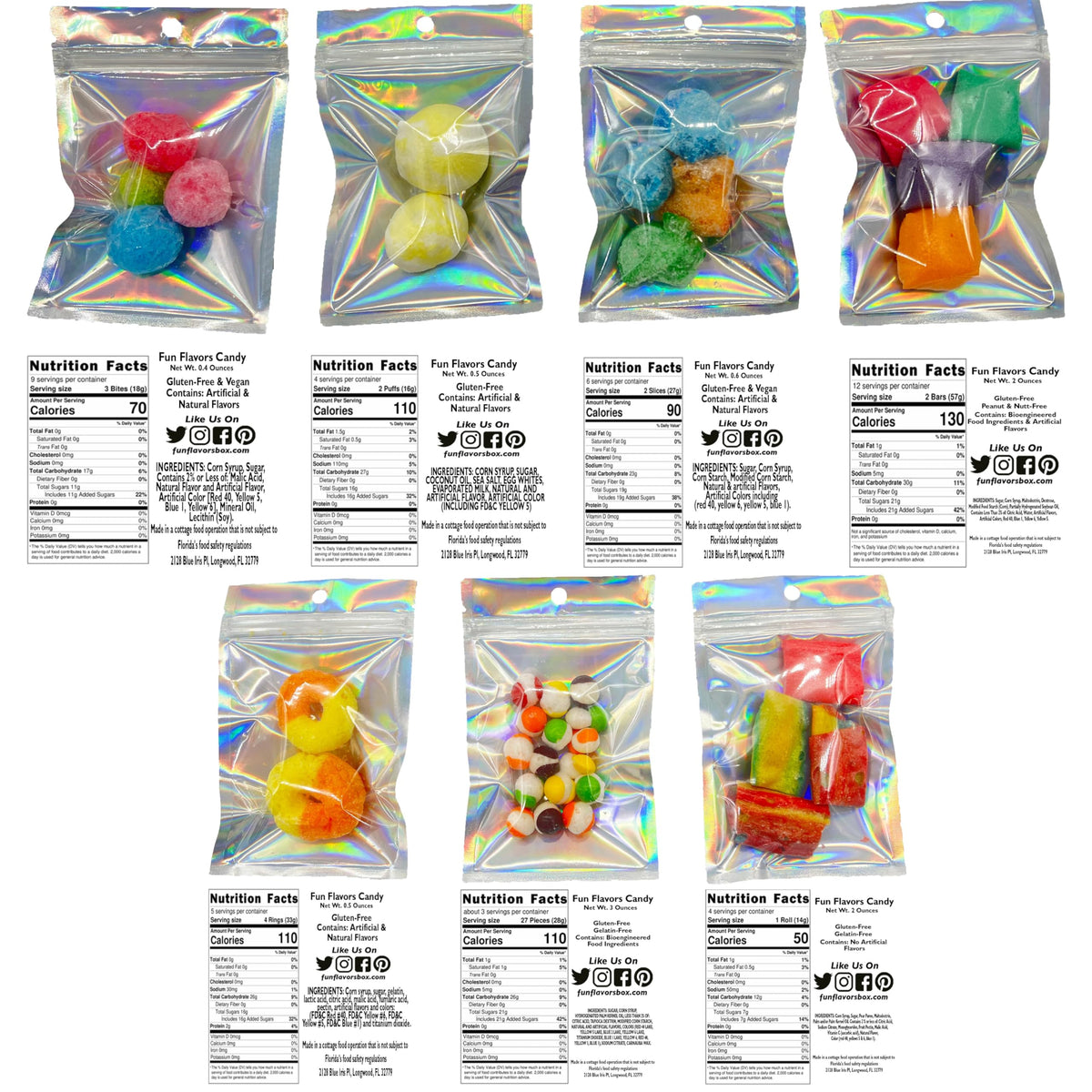 Fun Flavors Box Freeze Dried Candy 7 Bag Sampler Variety Pack, Unique Candy Gift Box- Crunchy and Airy or Chewy and Sticky- Taste the Transformation