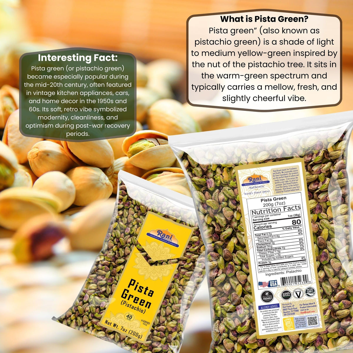 Rani Pista (Pistachio) Green 7oz (200g) ~ All Natural | Gluten Friendly | Vegan | NON-GMO | Kosher | No Salt or fillers | Indian Origin