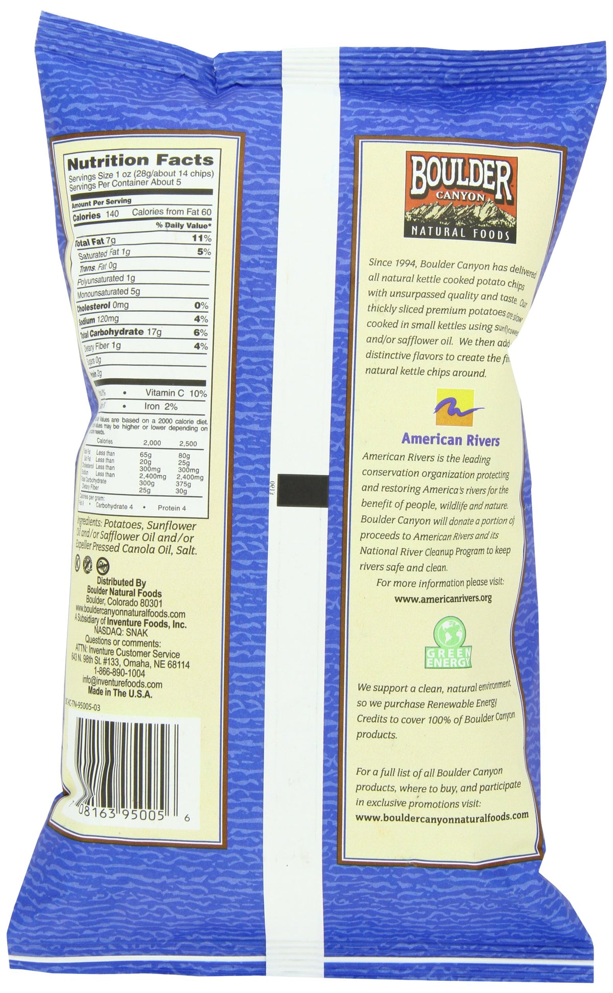 Boulder Canyon Totally Natural Kettle Cooked Potato Chips Gluten Free, 5-ounce Bags (Case of 12)
