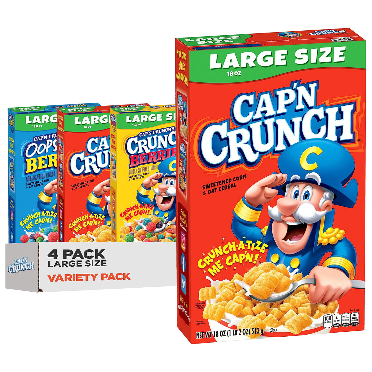 Cap'n Crunch Cereal, 3 Flavor Variety Pack, Large Size Boxes, (4 Pack)