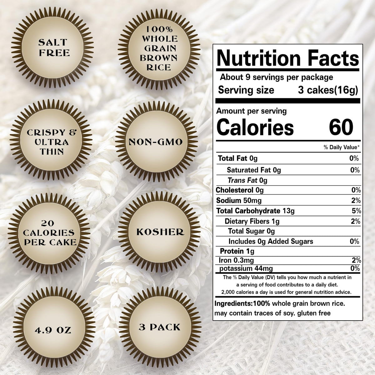 Salt Free Rice Cakes Unsalted - Ultra Thin Rice Cakes - Whole Grain Brown Rice Cakes - Fat Free, Non GMO, Gluten Free Rice Cakes - Low Calorie Snacks