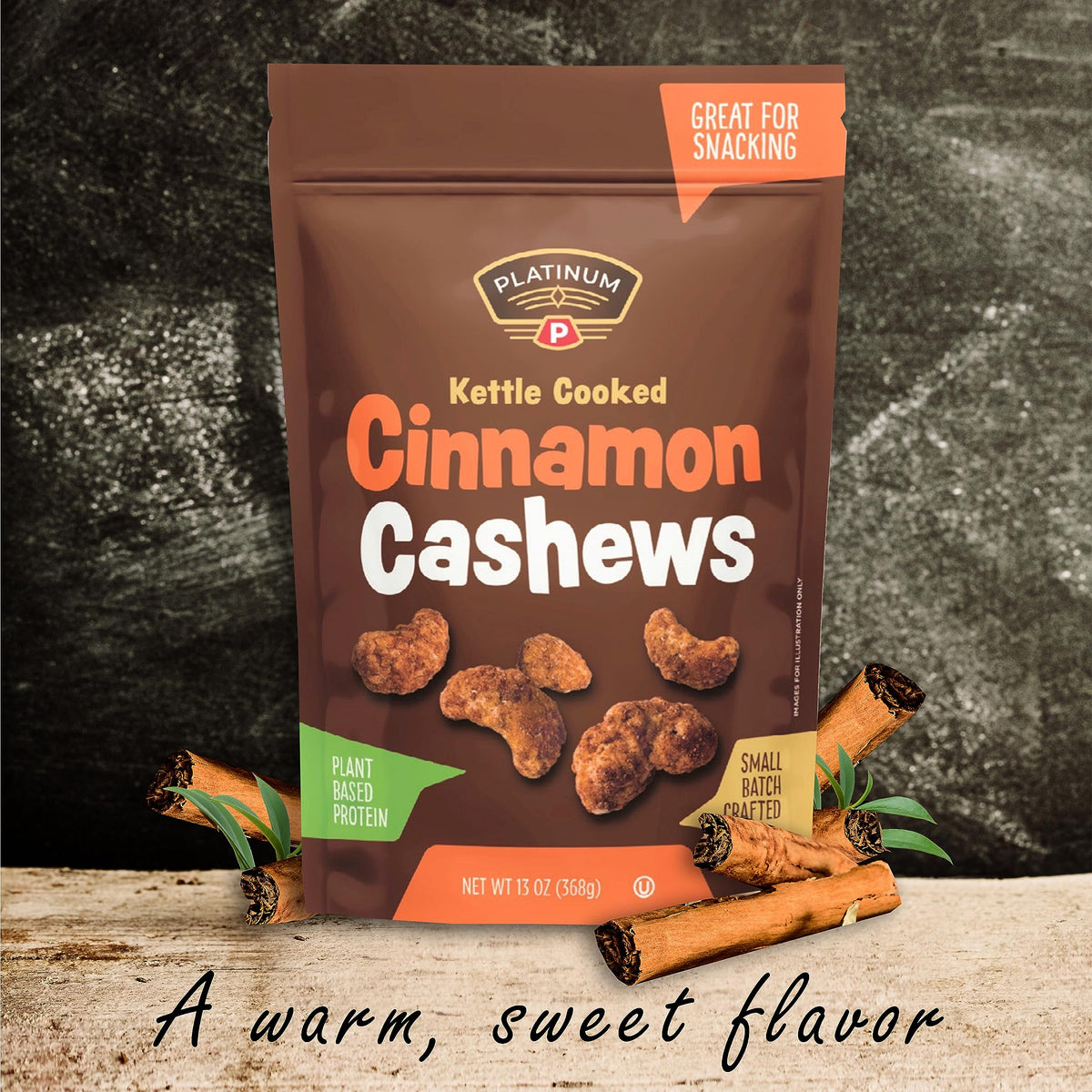 Platinum Kettle Cooked Cinnamon Cashews - Plant Based Protein, Fiber, Healthy Snack - Sweet & Spicy Flavors - Can Bring at Home, Work, Office, Gym