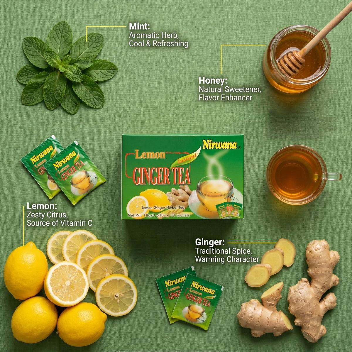 Nirwana Lemon Ginger Tea 10 Sachets - Refreshing Herbal Blend with Ginger, Lemon, Honey and Green Tea | Perfect Tea Gift Set and Holiday Gift Baskets