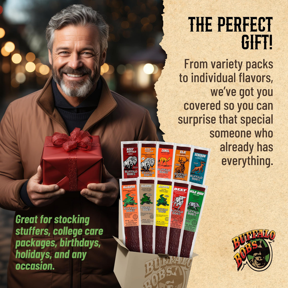 Buffalo Bob's Exotic Jerky (10-Pack), 10 Flavor Variety Pack of Snack Sticks, Wild Game Beef Gifts for Men
