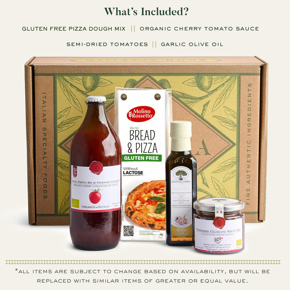 Mercato di Bellina Organic Pizza Kit Gift Basket - Authentic Homemade Gluten Free Pizza Making Kit for Home Cooks, Italian Gift Basket Includes Organic Crust Mix, Sauce, EVOO & Sun-Dried Tomatoes