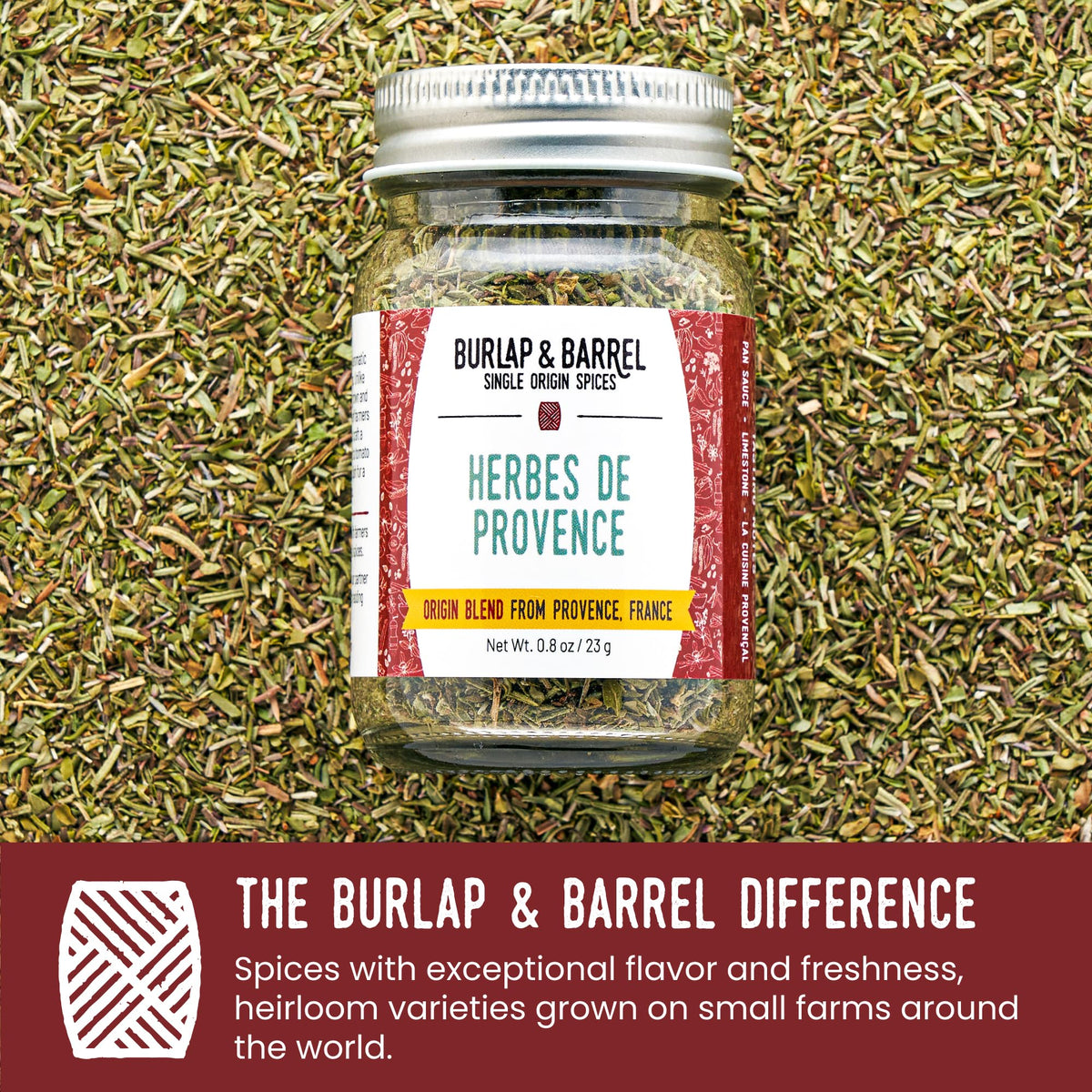 Burlap & Barrel Herbes de Provence - Iconic Herb Blend Grown & Blended in France - Herbes de Provence Seasoning - As Seen on Shark Tank - 0.8oz Glass