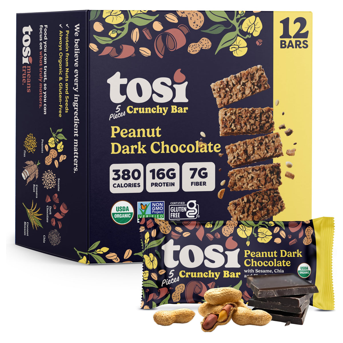 Tosi Meal Nut Bars, Peanut Dark Chocolate, Healthy Snacks for Adults & Kids, Crunchy Plant Based Protein Bar (16G), Keto Snacks, Vegan, Gluten & Soy