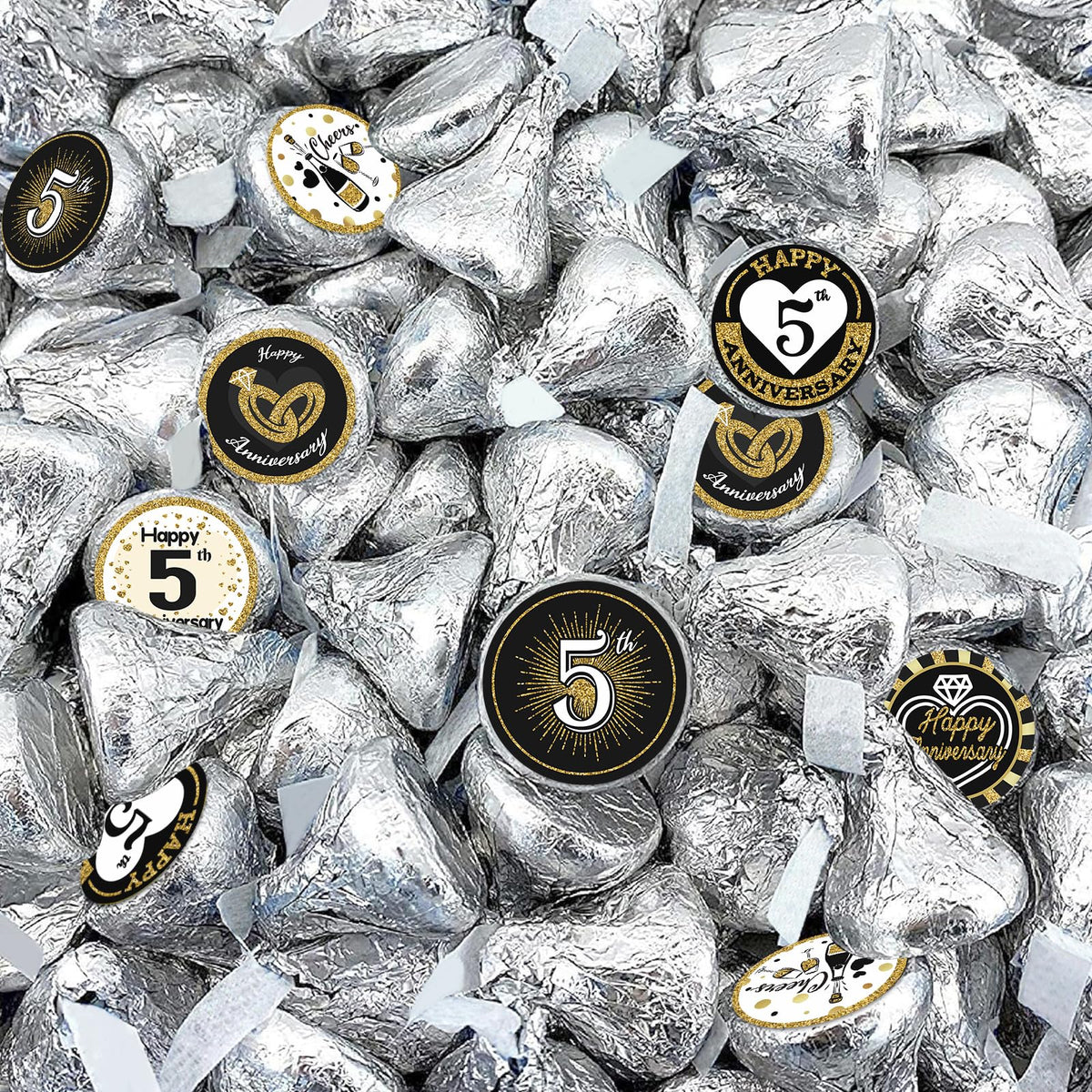 Black Gold Black and Gold 5th Anniversary Kisses Stickers, 180 Count 0.75" Round Candy Labels, Chocolate Favor Stickers for 5th Wedding Anniversary