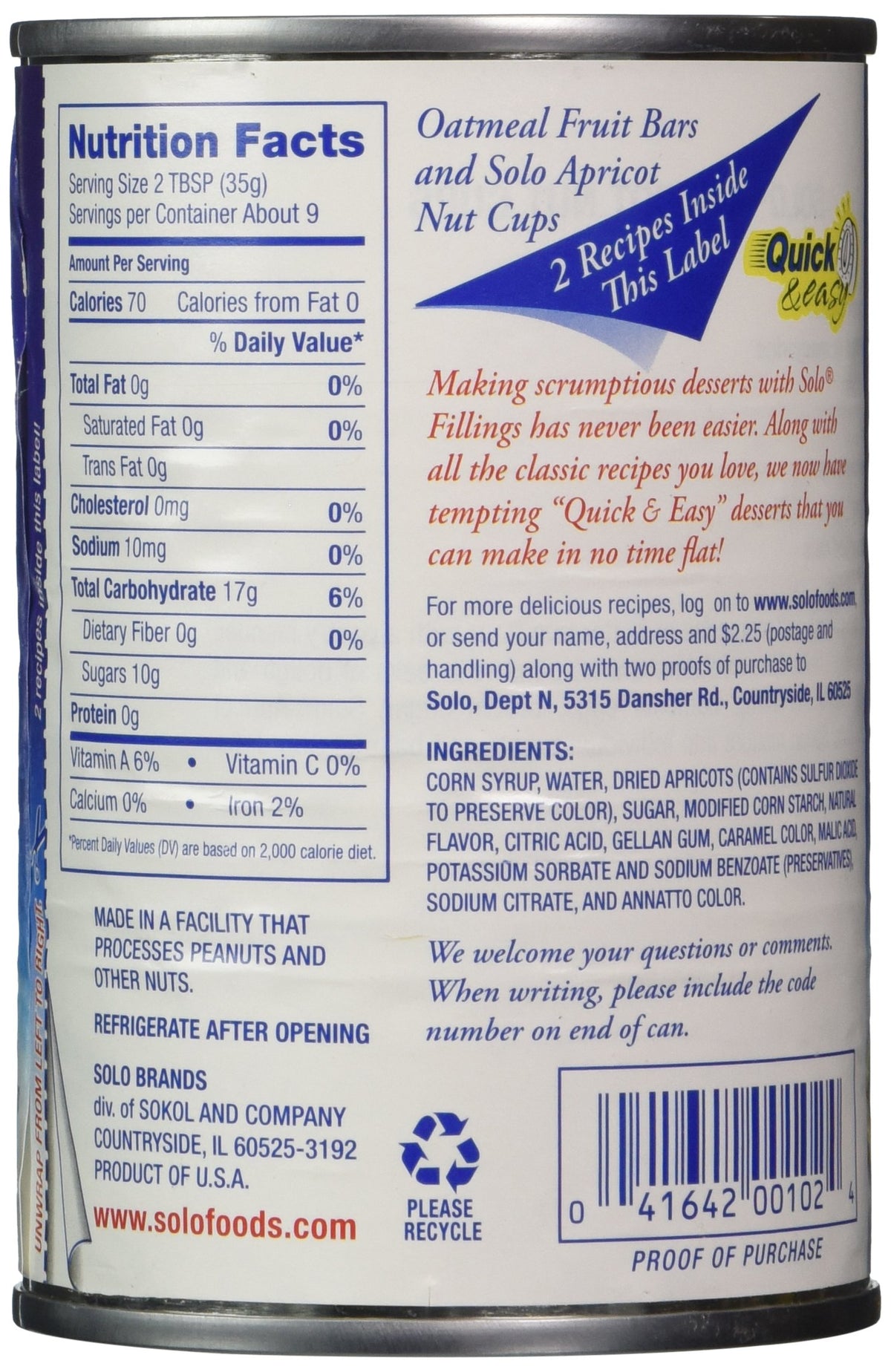 Solo Filling, Apricot, 12-Ounce Unit (Pack of 12)