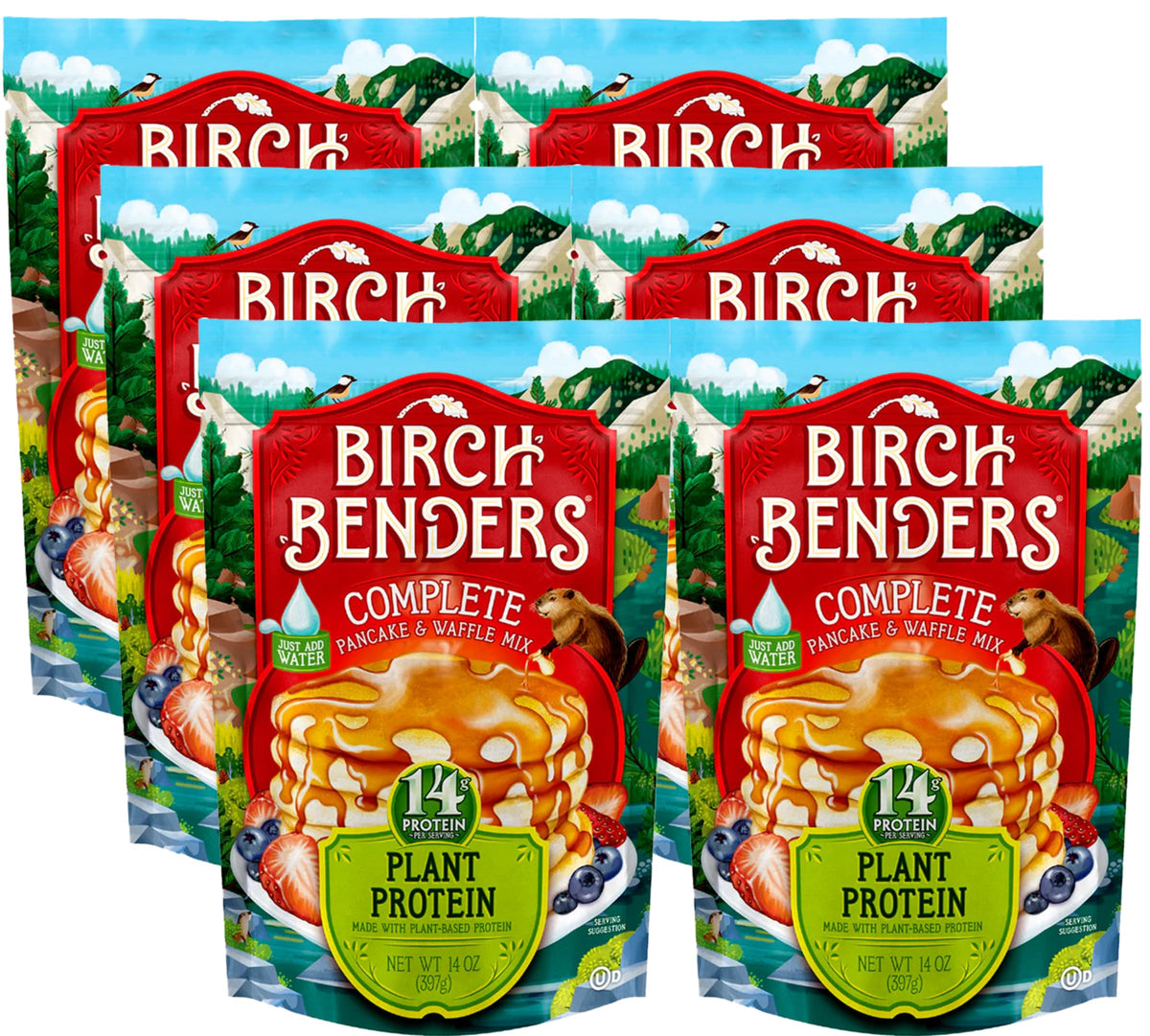 Birch Benders Plant Protein Pancake & Waffle Mix, Vegan, 14g Plant-Based Protein, Just Add Water, 14 oz (Pack of 6)