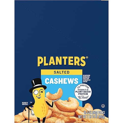 PLANTERS Salted Cashews, Roasted Cashews, Snacks for Adults, 2 oz Packages, 15 Count