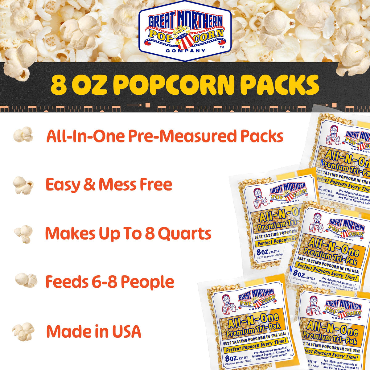 Movie Theater Style 40-Count Popcorn Packs - Pre-Measured 8-Ounce All-in-One Kernel, Salt, Oil Packets for Popping Machines by Great Northern Popcorn