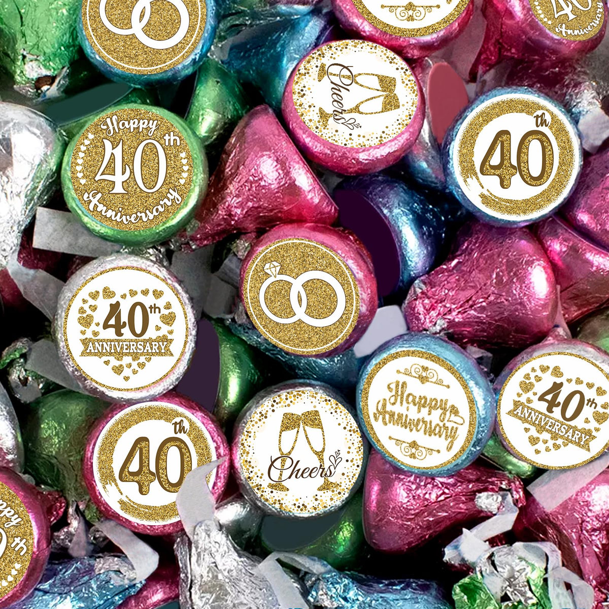 Gold 40th Anniversary Chocolate Kiss Stickers,180 Count, 0.75" Chocolate Drop Labels for Kisses, 40th Wedding Anniversary Party Favors Labels