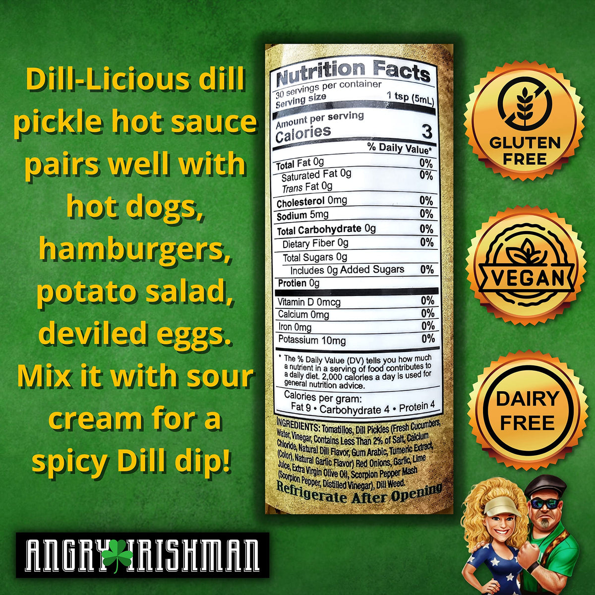 Dill-licious Dill Pickle Hot Sauce Medium Heat, Made with Fresh Scorpion Peppers, Garlic and Onions, Small Batch & Handmade in the USA, No