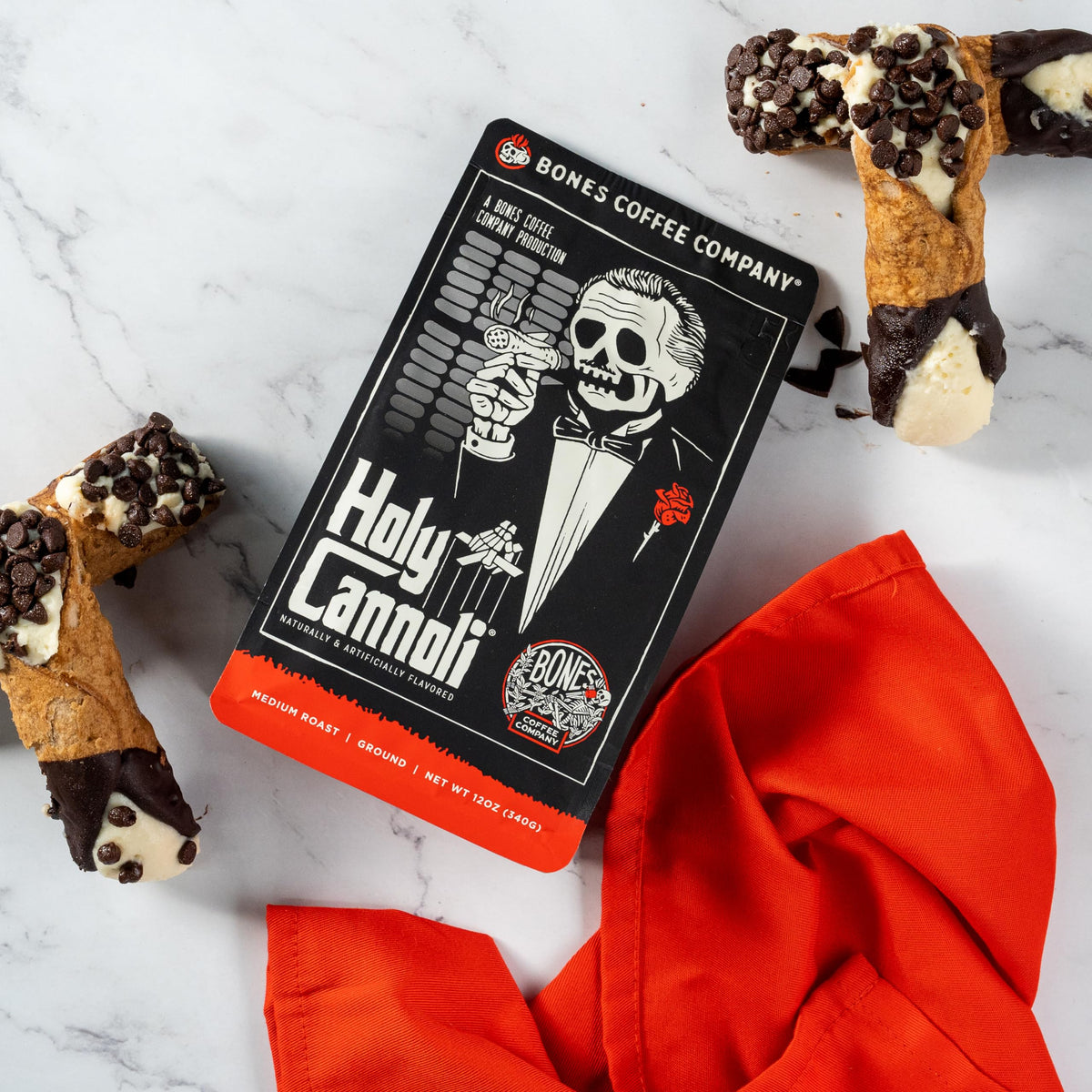 Bones Coffee Company Holy Cannoli, Baked Cannoli Flavored Coffee, Medium Roast Low Acid Arabica Beans Compatible with Auto drip and French Press