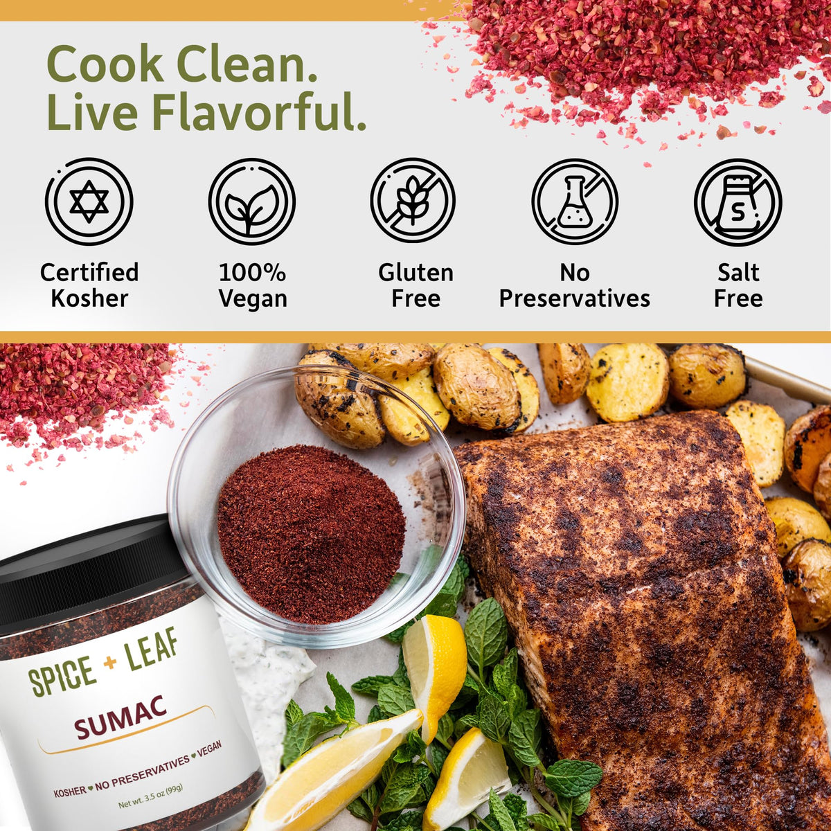 Premium Ground Sumac Spice by SPICE + LEAF - Vegan Kosher Preservative Free Red Middle Eastern Ground Herb, 3.5 oz.