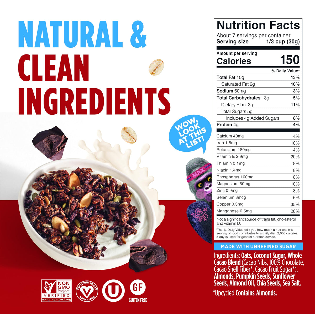 Blue Stripes Whole Cacao Granola - Gluten Free 70% Dark Chocolate Granola for Cereal, Oatmeal, Yogurt, 5g Protein Per Serving, Source of Fiber, Vegan