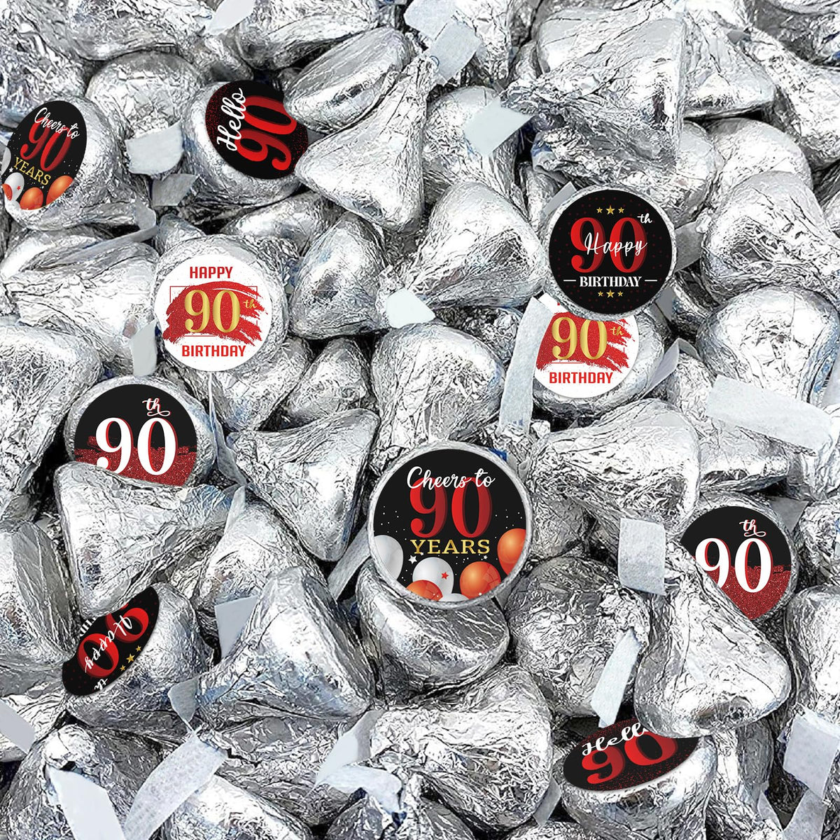 Happy 90th Birthday Party Favor Labels Chocolate Candy Stickers - Ninety Years Old Birthday Round Candy Sticker Party Favors - Black and Red - 150