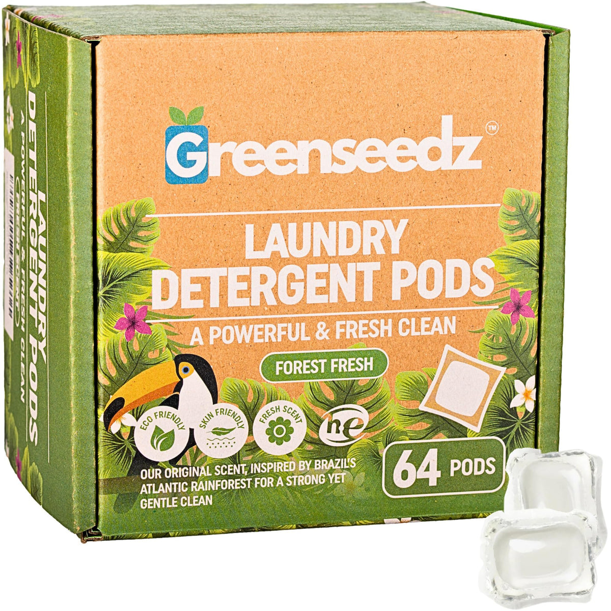 Laundry Detergent Pods, 64 Count, Fresh Scent, Eco Friendly, Biodegradable, HE Compatible, Powerful Stain & Odor Removal, Skin Friendly
