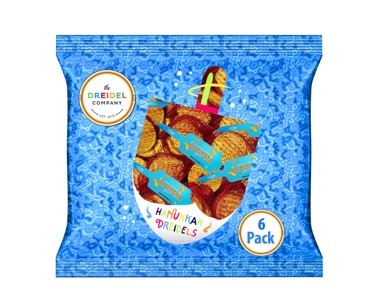 The Dreidel Company Hanukkah Chocolate Gelt, 6-Pack Mesh Bags 24 Total Coins of Milk Chocolate Coins, Kosher Certified Dairy Dreidel and Menorah