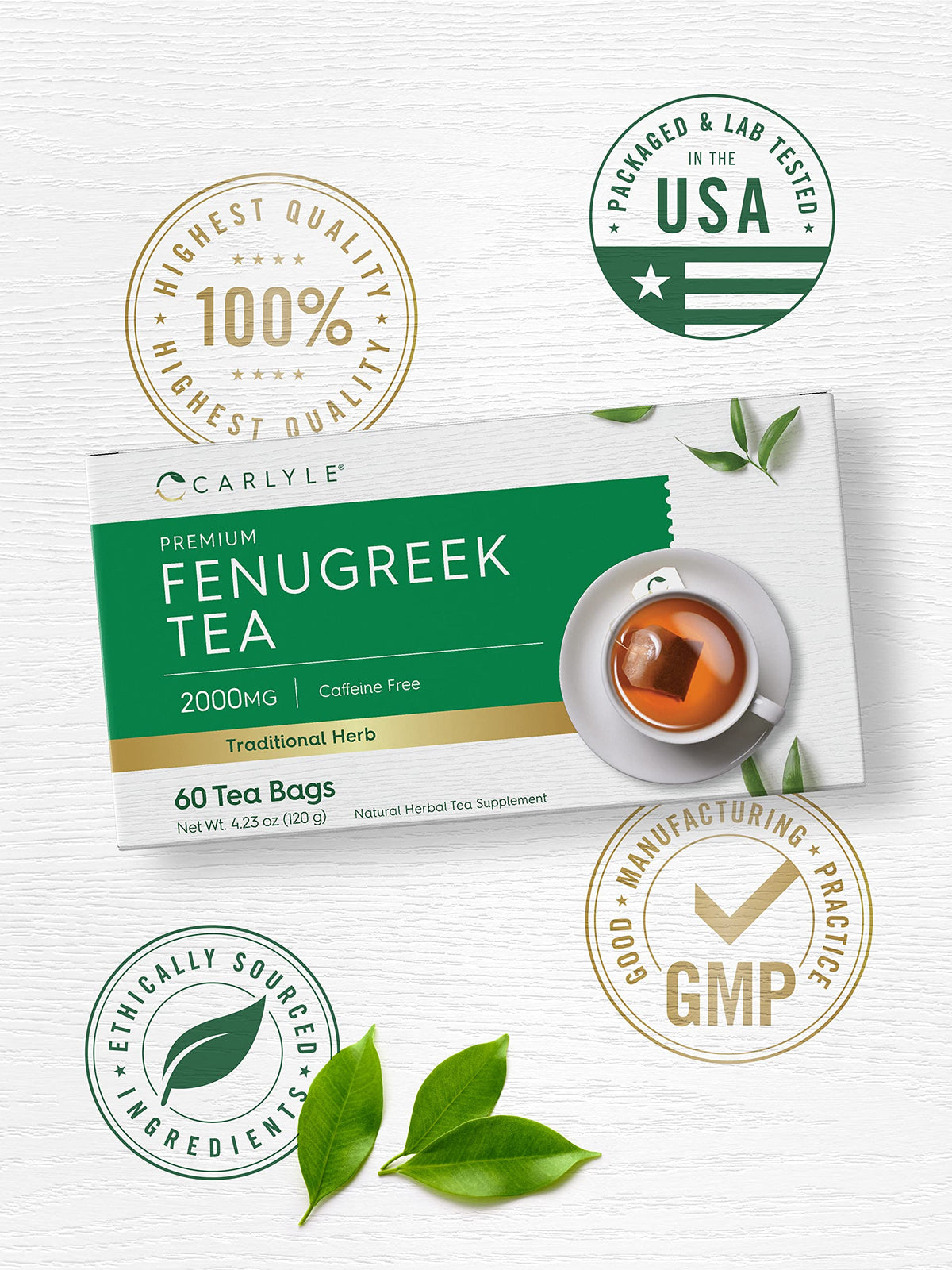 Carlyle Fenugreek Seed Tea | 60 Tea Bags | No Caffeine | Vegetarian, Non-GMO & Gluten Free Herbal Tea Supplement