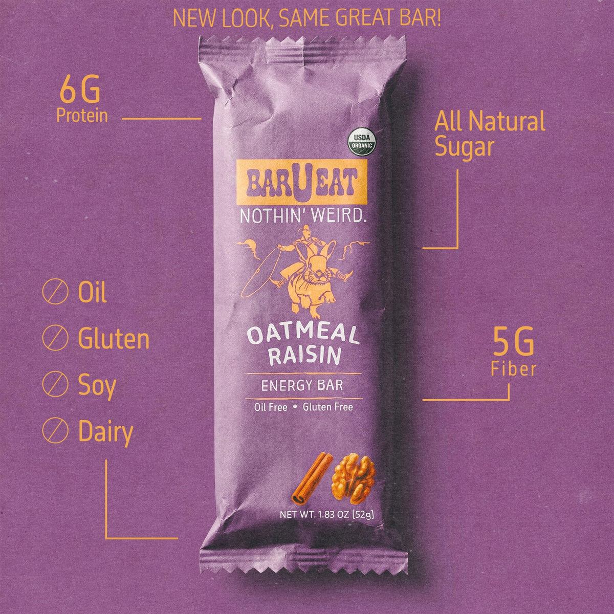 BAR U EAT Gluten-Free, High Fiber, Energy Bar. Real Food Ingredients | Oil Free | Organic | No Artificial Sugar | Healthy Snacks (Oatmeal Raisin 12