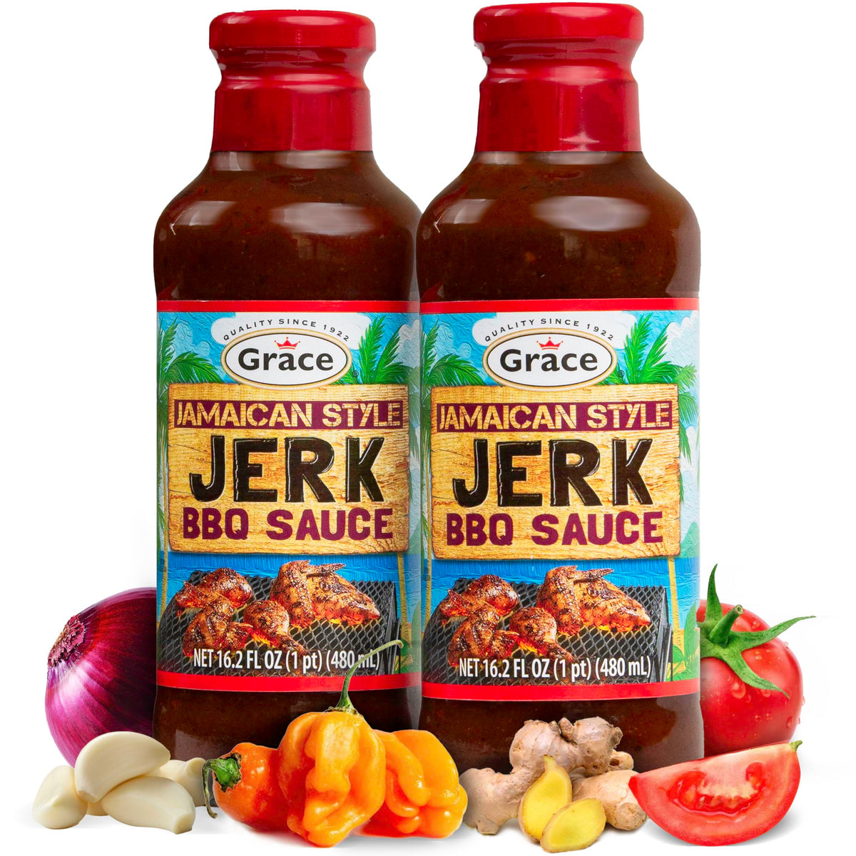 Grace Jamaican Style Jerk BBQ 16oz - 2 Pack Jamaican Jerk Seasoning, Marinade & Dipping Sauce - Best Hot Barbecue Sauce -