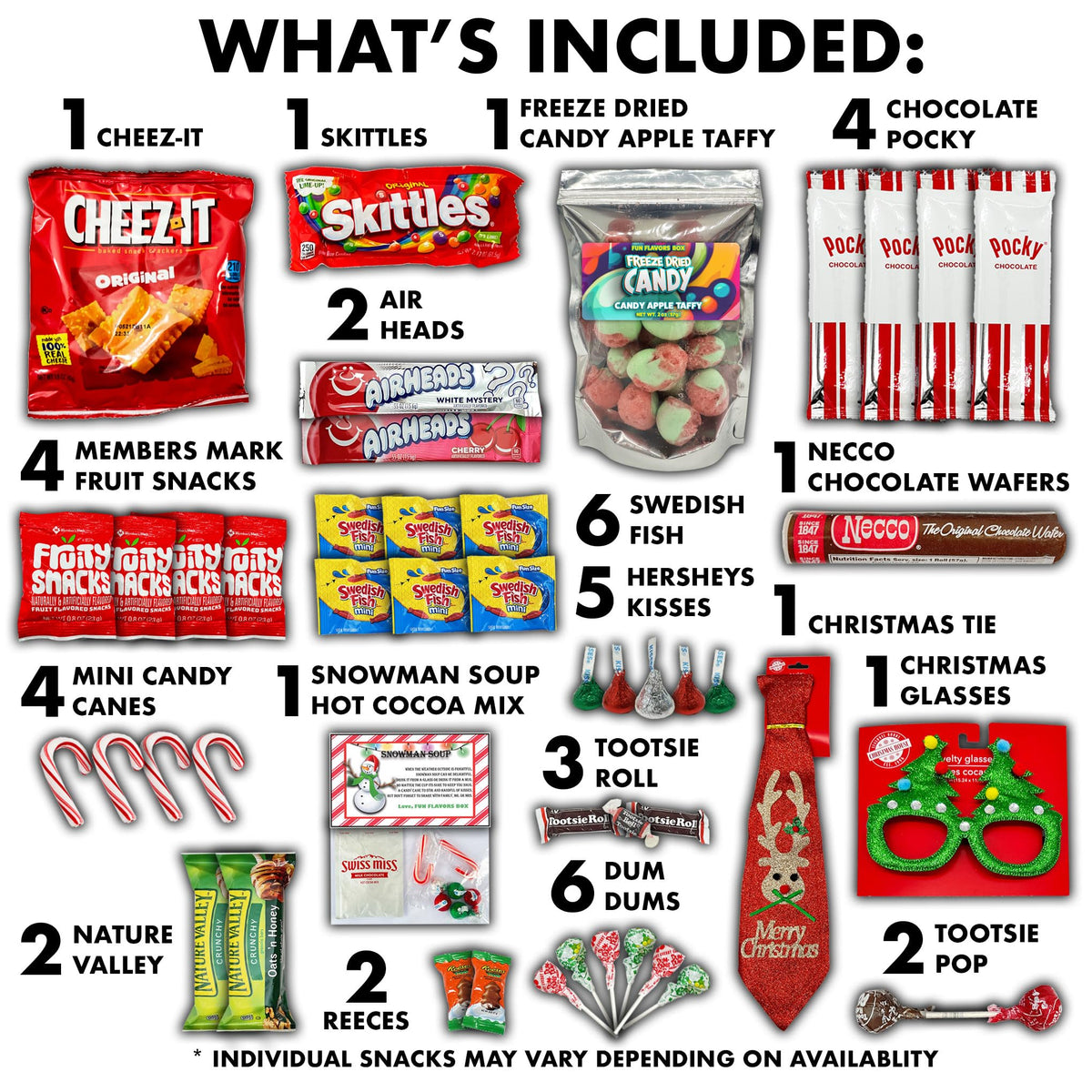 Fun Flavors Box Christmas Variety Pack Gift Basket Care Package (50 Count) Stocking Stuffers, Candy, Chips, Freeze Dried Candy, College Student Snack