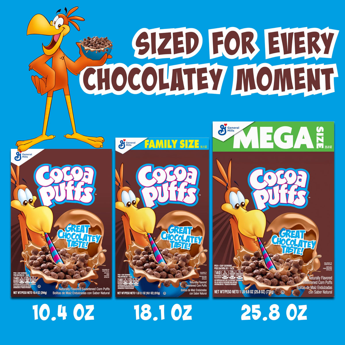 Cocoa Puffs, Chocolatey Breakfast Cereal, Made with Whole Grain, Mega Size, 25.8 oz