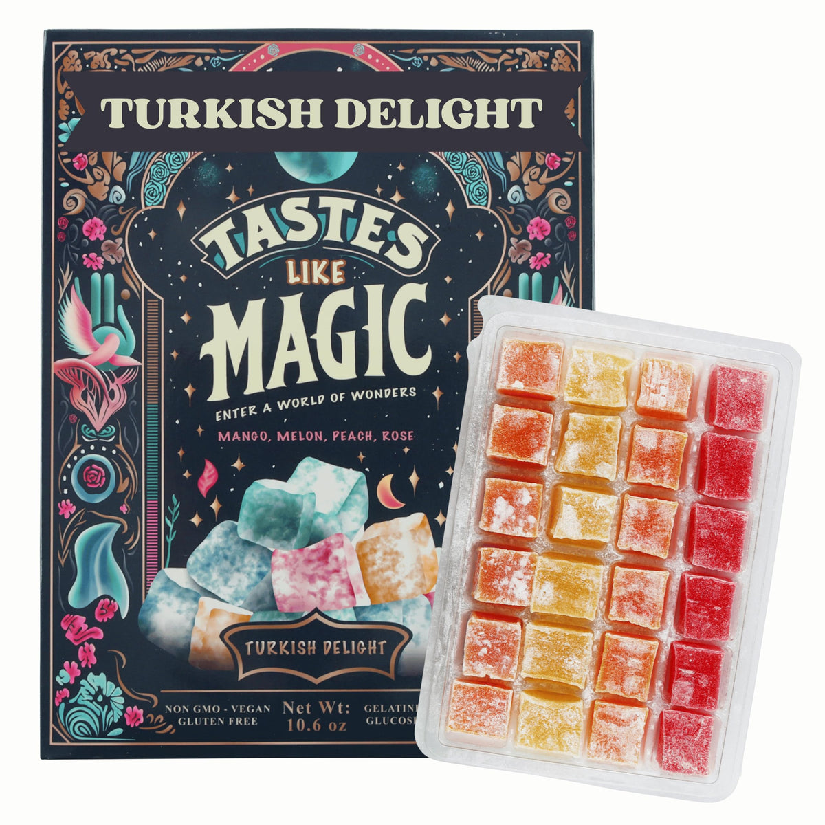 Tastes Like Magic Turkish Delight, Mix Fruit Mango Melon Peach Rose Flavors, Vegan Gluten Free, 10.6 oz