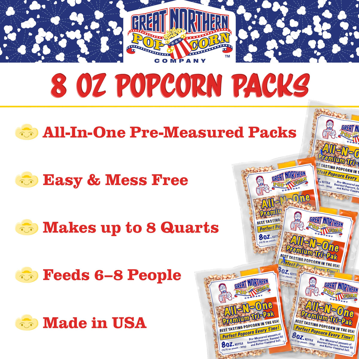 All-in-One Premium Tri-Pack Popcorn - 10.75-Ounce Movie Theater Popcorn for Commercial 8-Ounce Kettle Poppers - 12/Case by Great Northern Popcorn