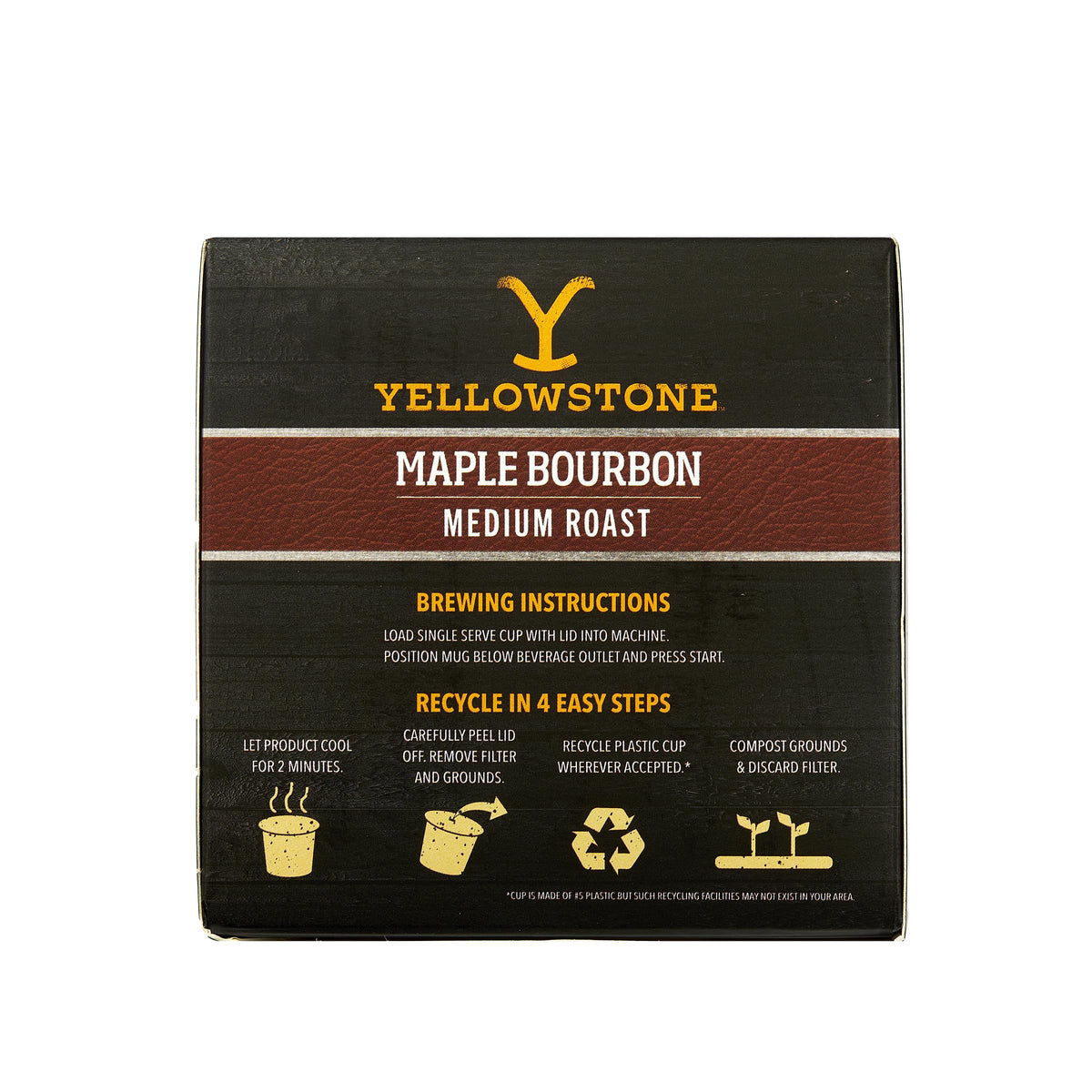 Yellowstone Maple Bourbon Medium Roast Coffee, Single Serve Recyclable Pods/Cups, 100% Arabica Beans, 36 Count