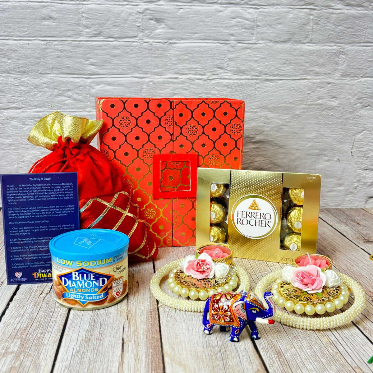 LoveNspire Diwali Gift Hamper Indian Festival Premium Deepawali Return Gift Box with Potli Bag Elephant Statue Pearl Candle Holder Chocolates