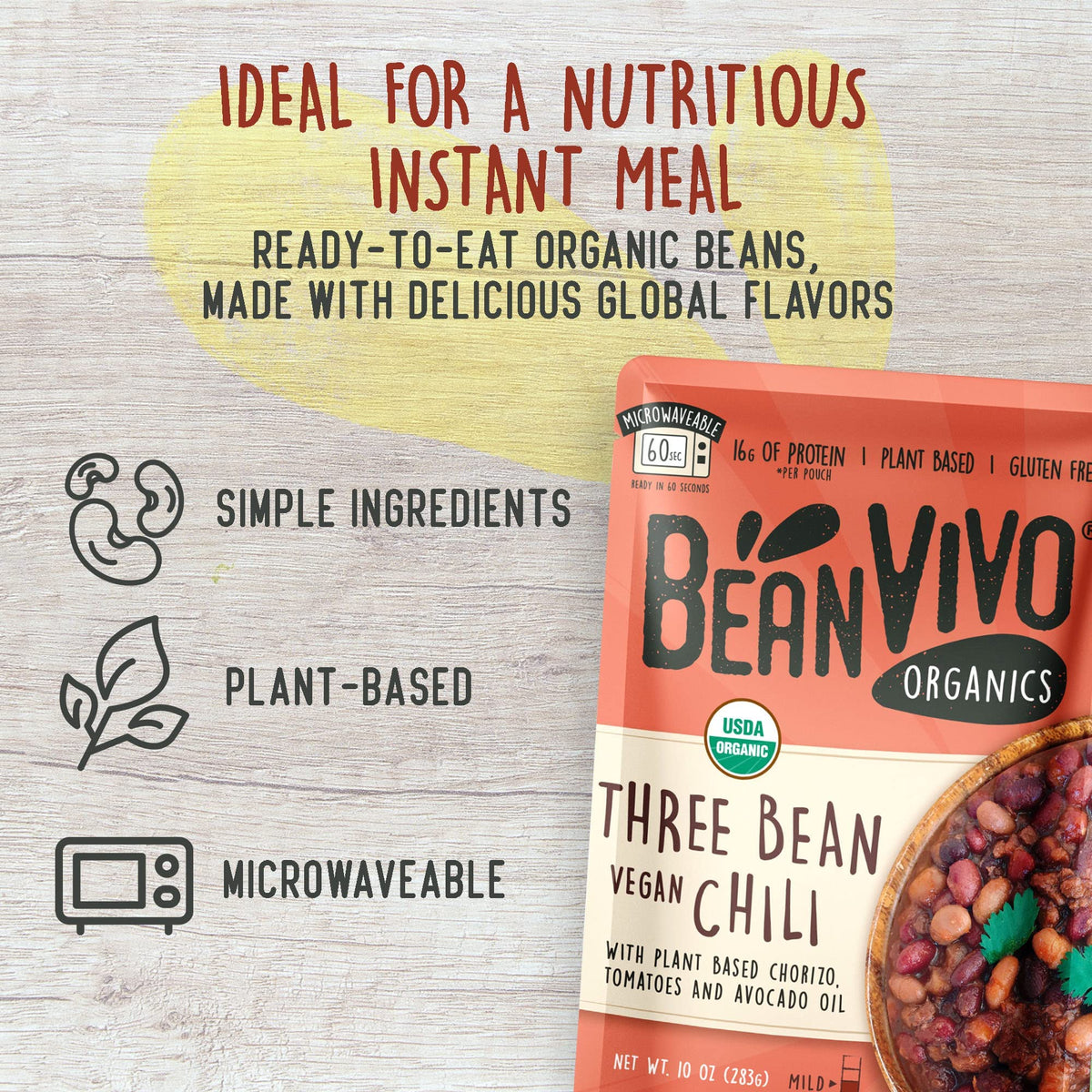 BeanVIVO (Pack of 6) Organics 16g Plant based Protein Three Bean Vegan Chili - Good Source of Fiber - Nutritious & Microwave Meal - Gluten-Free Plant