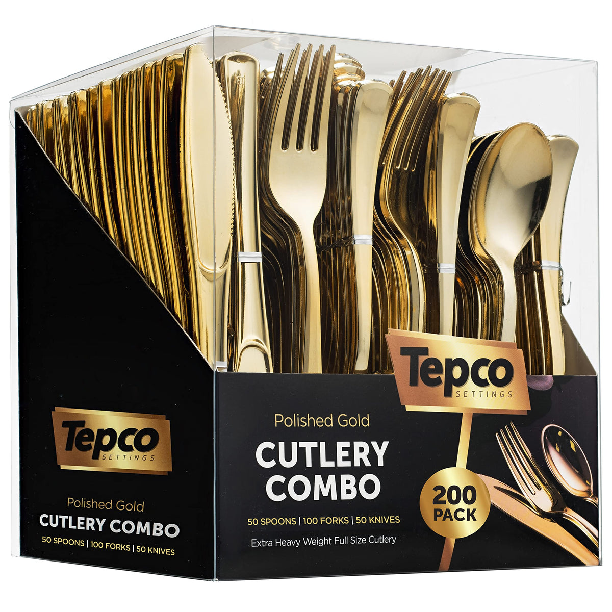 200-Piece Gold Plastic Cutlery Set - Disposable Gold Flatware - 100 Forks, 50 Spoons, 50 Heavy Duty Knives for Party Bulk