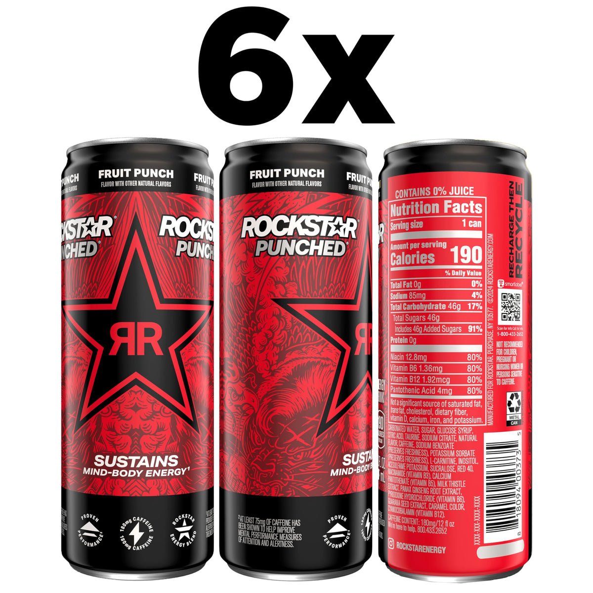 Rockstar Punched Energy Drink, Fruit Punch, 12 fl oz Cans (6 Pack)